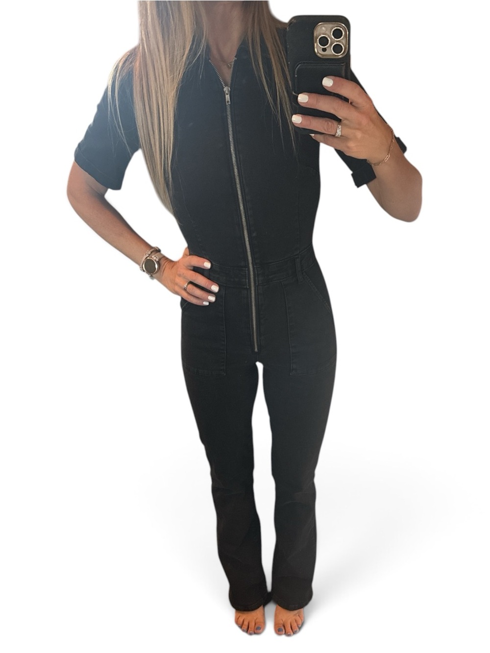 MANGO Women's Black Stretch Denim Zip-Front Jumpsuit Small - Picture 1 of 5